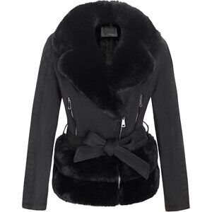 ⚡Women's Black Faux Leather Jacket Moto Biker Lined Coat Removable Fur Collar